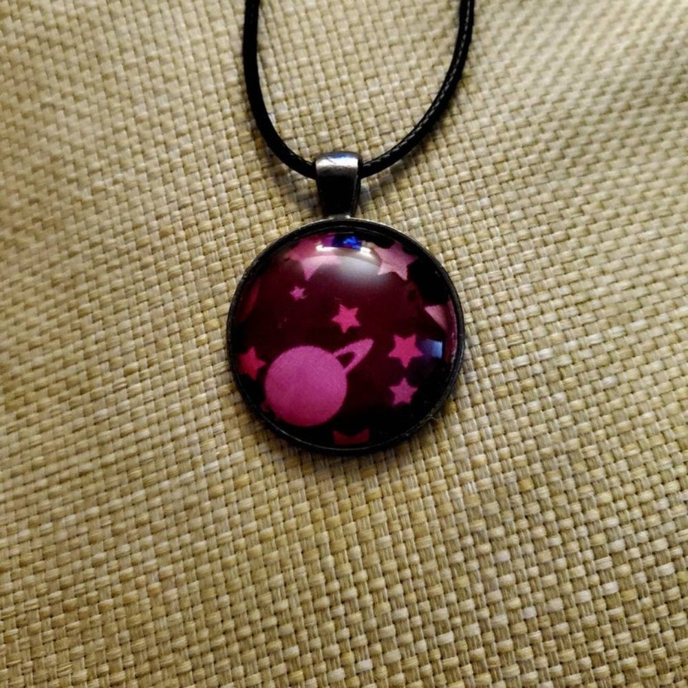 Pink & Plum Saturn Cabochon Pendant - Handmade
